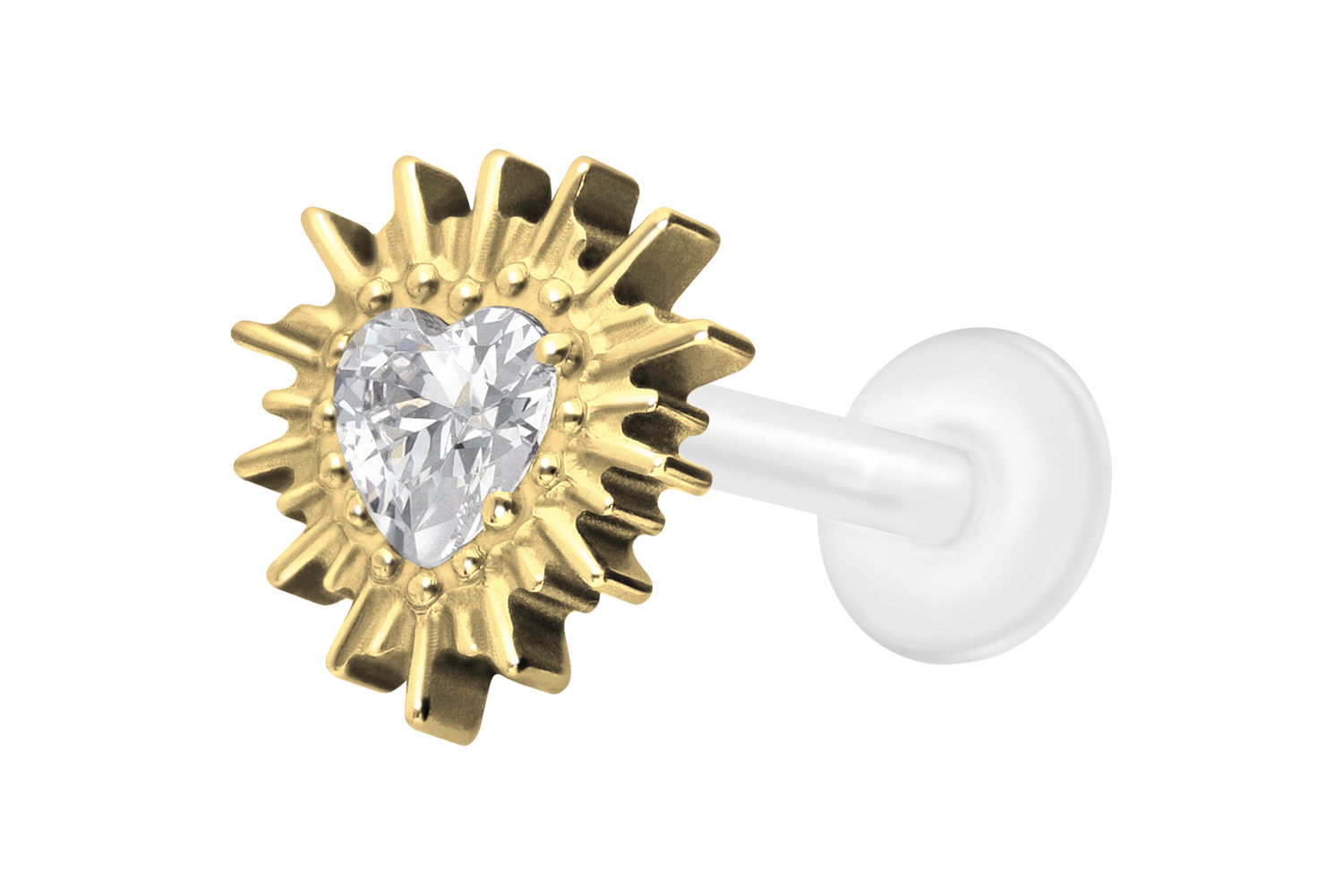 PTFE Labret Piercing mit Innengewinde + Titan-Aufsatz KRISTALLHERZ + SONNENSTRAHLEN